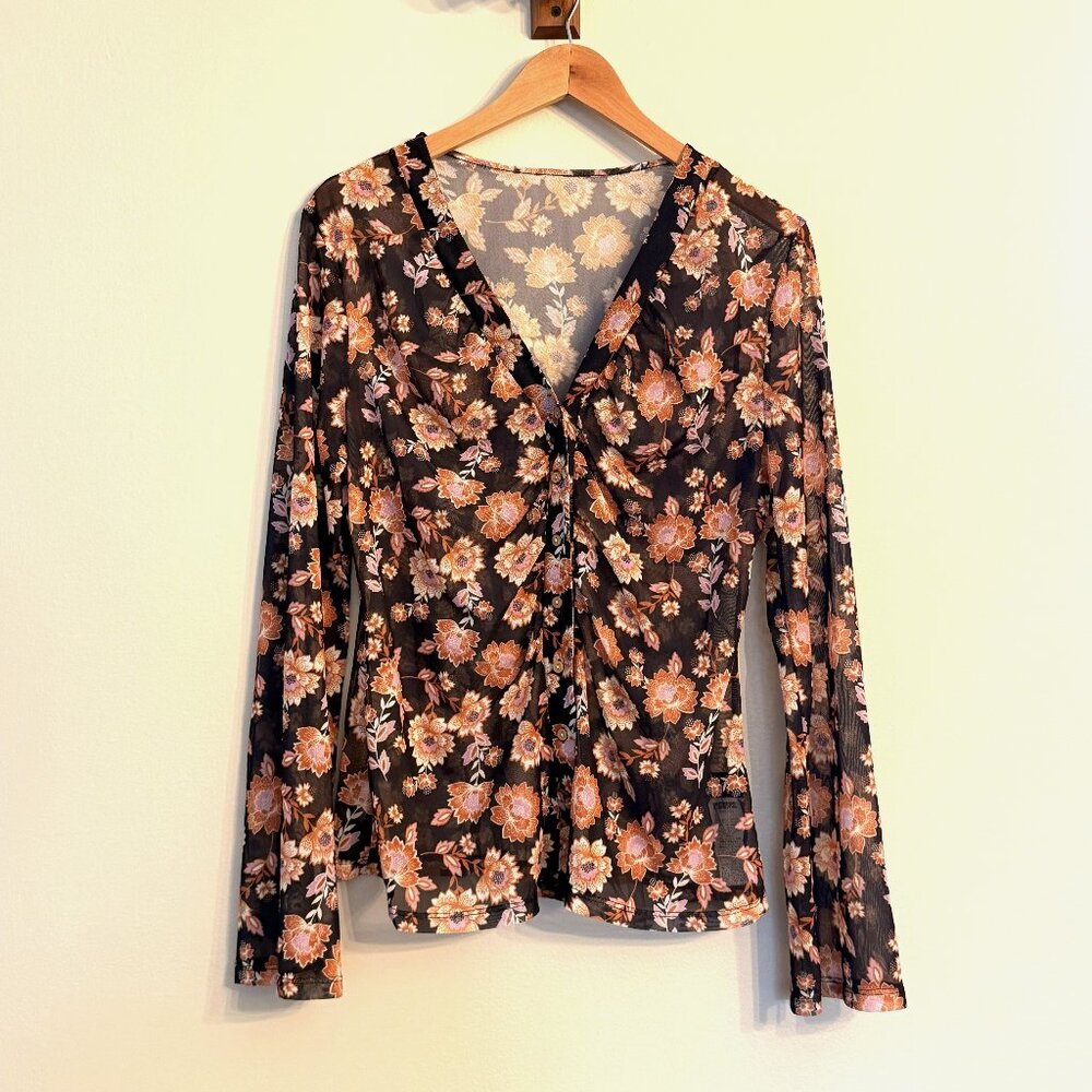 Bohemlea Boho Vintage Black Floral V-neck Sheer Blouse